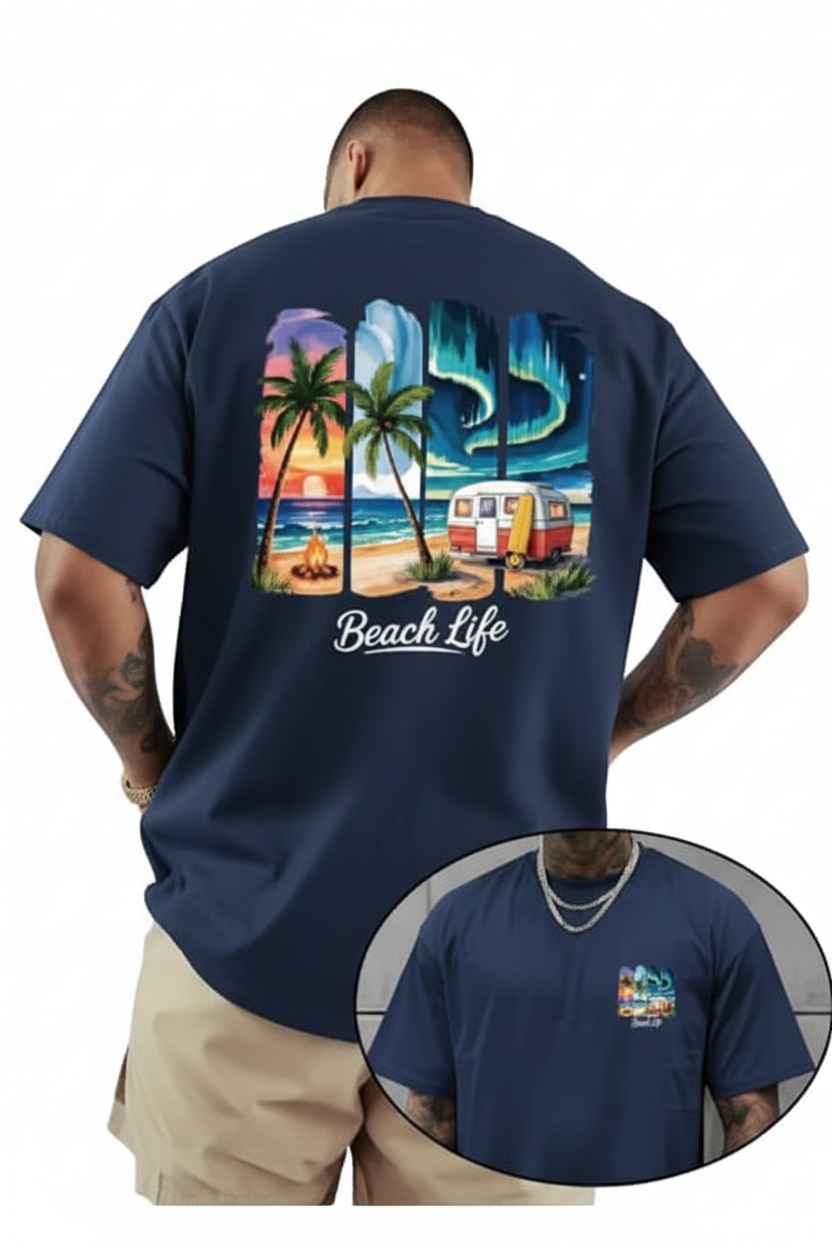 Camiseta Retro "Playa y Campamento" - Arte Ilustrado 🌴🌊 🏖️🚐
