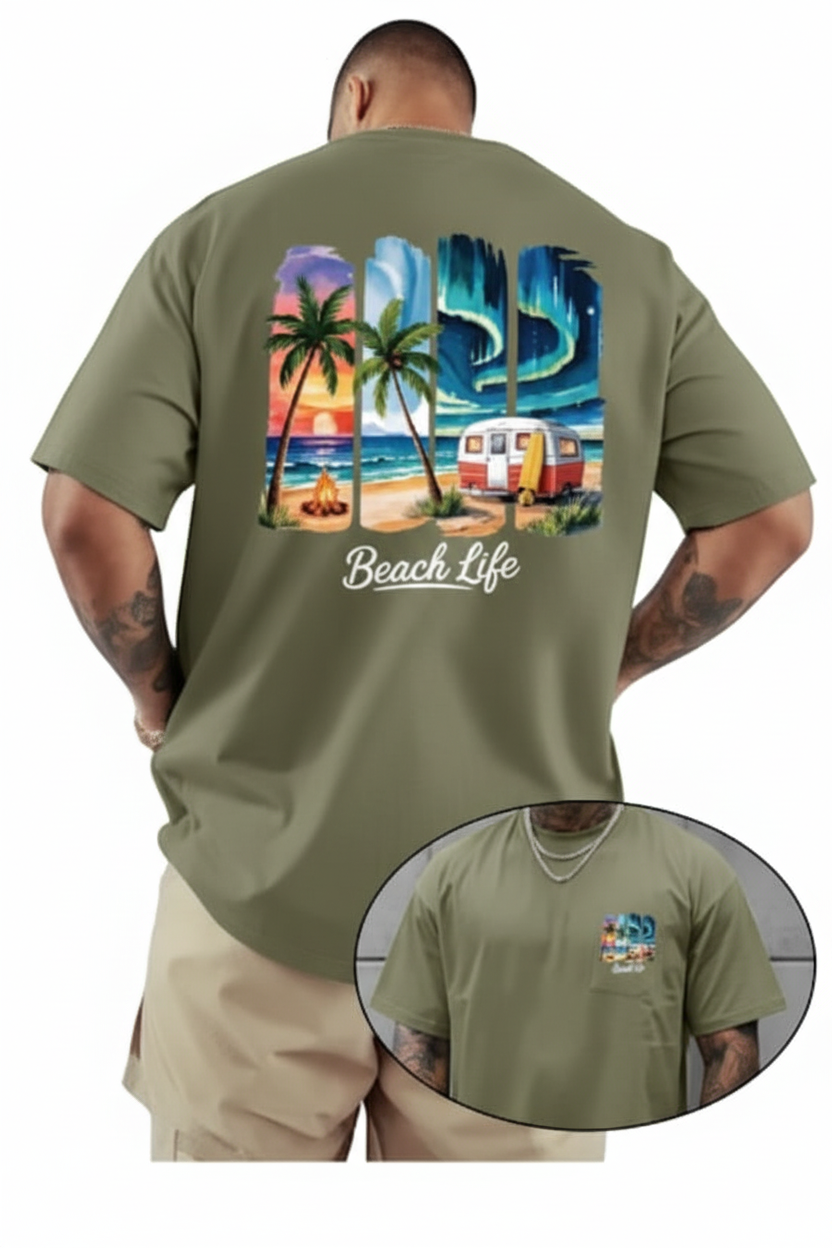 Camiseta Retro "Playa y Campamento" - Arte Ilustrado 🌴🌊 🏖️🚐
