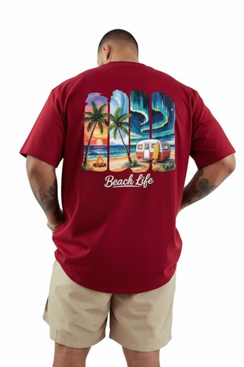 Camiseta Retro "Playa y Campamento" - Arte Ilustrado 🌴🌊 🏖️🚐